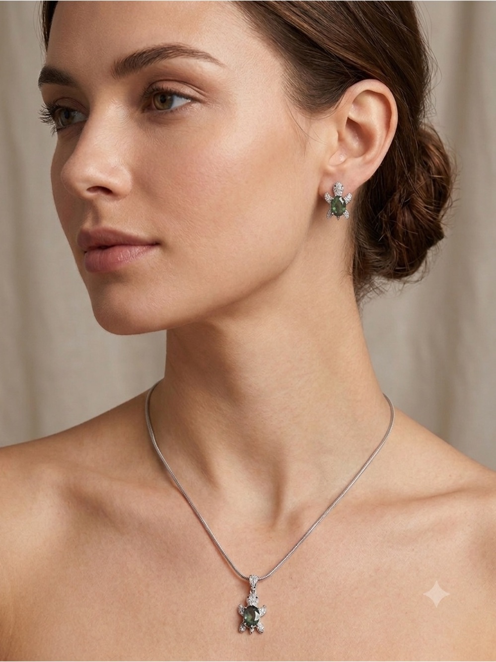 Silver Necklace and Earrings Set with Green Gem Accents